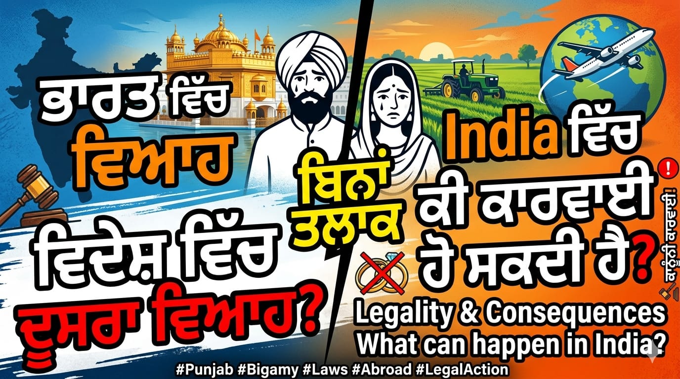 Read more about the article Second Marriage Abroad Without Divorceਭਾਰਤ ਵਿੱਚ ਵਿਆਹ ਤੋਂ ਬਾਅਦ ਵਿਦੇਸ਼ ਵਿੱਚ ਦੂਸਰਾ ਵਿਆਹ — India ਵਿੱਚ ਕੀ ਕਾਰਵਾਈ ਹੋ ਸਕਦੀ ਹੈ?
